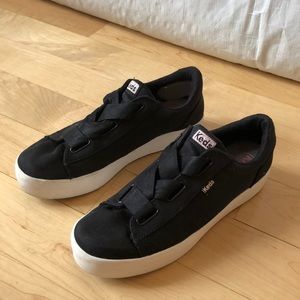 Keds platform slip on sneakers black satin